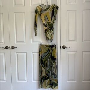 Zara Abstract Patterned Green and Yellow Co-ord matching Skirt and Top Set